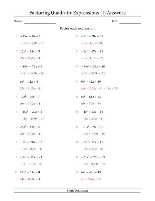 The Factoring Quadratic Expressions with Positive or Negative 'a' Coefficients up to 81 (J) Math Worksheet Page 2