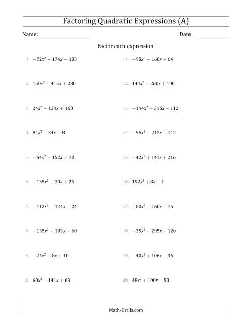 The Factoring Quadratic Expressions with Positive or Negative 'a' Coefficients up to 81 with a Common Factor Step (A) Math Worksheet