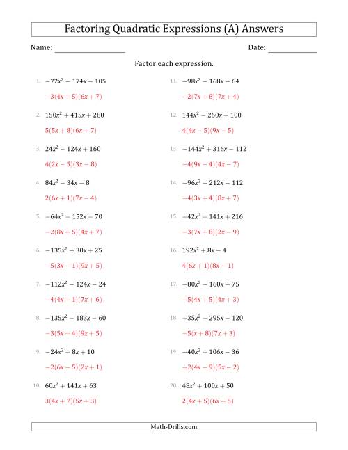 The Factoring Quadratic Expressions with Positive or Negative 'a' Coefficients up to 81 with a Common Factor Step (A) Math Worksheet Page 2