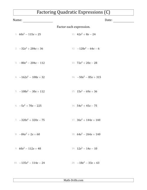 The Factoring Quadratic Expressions with Positive or Negative 'a' Coefficients up to 81 with a Common Factor Step (C) Math Worksheet