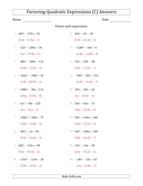 The Factoring Quadratic Expressions with Positive or Negative 'a' Coefficients up to 81 with a Common Factor Step (C) Math Worksheet Page 2