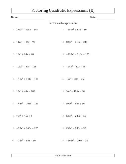 The Factoring Quadratic Expressions with Positive or Negative 'a' Coefficients up to 81 with a Common Factor Step (E) Math Worksheet