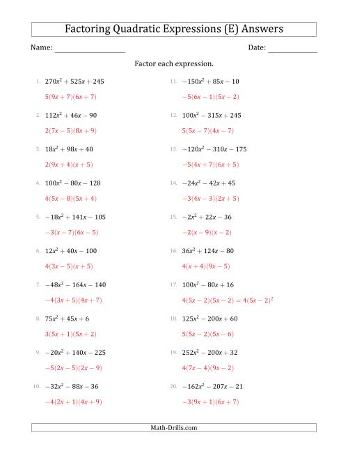 The Factoring Quadratic Expressions with Positive or Negative 'a' Coefficients up to 81 with a Common Factor Step (E) Math Worksheet Page 2