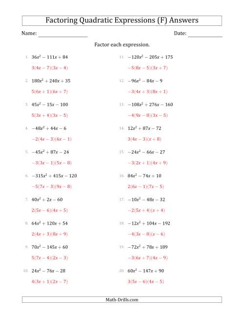 The Factoring Quadratic Expressions with Positive or Negative 'a' Coefficients up to 81 with a Common Factor Step (F) Math Worksheet Page 2