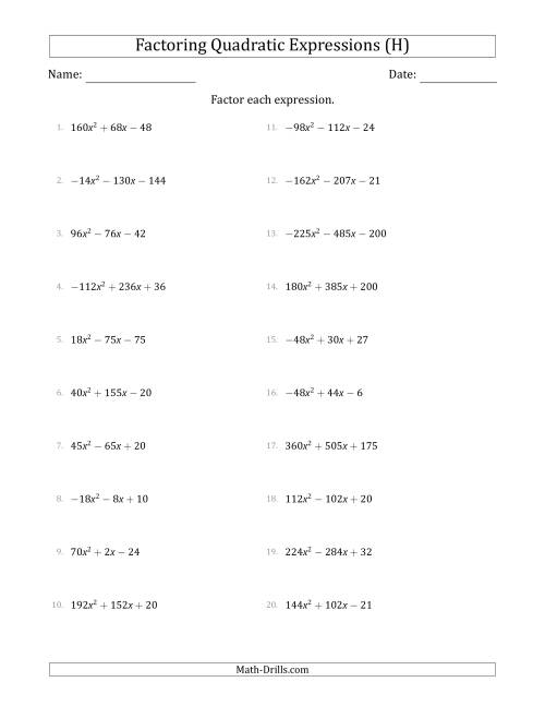 The Factoring Quadratic Expressions with Positive or Negative 'a' Coefficients up to 81 with a Common Factor Step (H) Math Worksheet