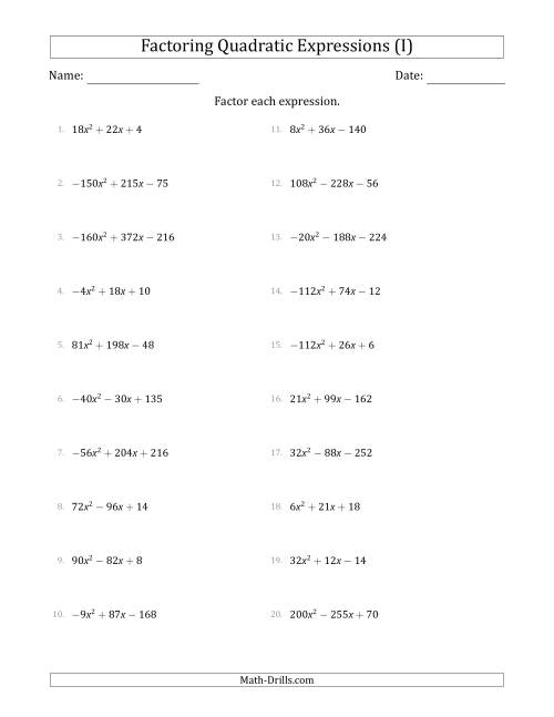 The Factoring Quadratic Expressions with Positive or Negative 'a' Coefficients up to 81 with a Common Factor Step (I) Math Worksheet