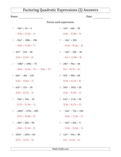 The Factoring Quadratic Expressions with Positive or Negative 'a' Coefficients up to 81 with a Common Factor Step (J) Math Worksheet Page 2