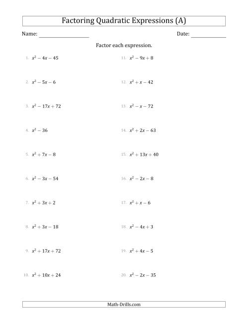 The Factoring Quadratic Expressions with Positive 'a' Coefficients of 1 (A) Math Worksheet