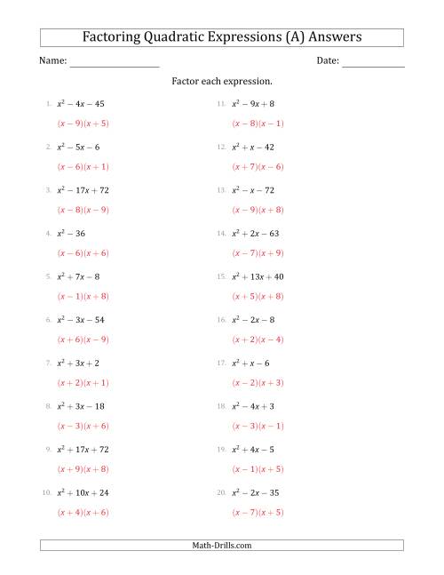 The Factoring Quadratic Expressions with Positive 'a' Coefficients of 1 (A) Math Worksheet Page 2