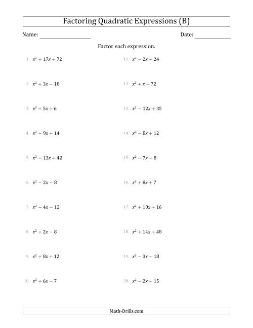 The Factoring Quadratic Expressions with Positive 'a' Coefficients of 1 (B) Math Worksheet
