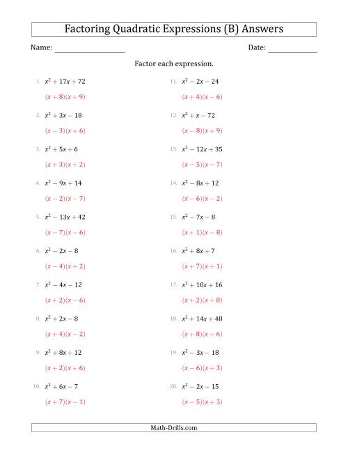 The Factoring Quadratic Expressions with Positive 'a' Coefficients of 1 (B) Math Worksheet Page 2