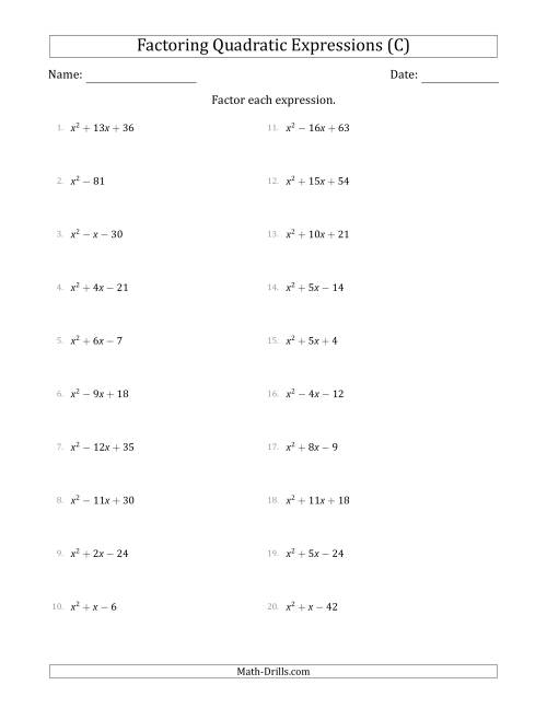 The Factoring Quadratic Expressions with Positive 'a' Coefficients of 1 (C) Math Worksheet