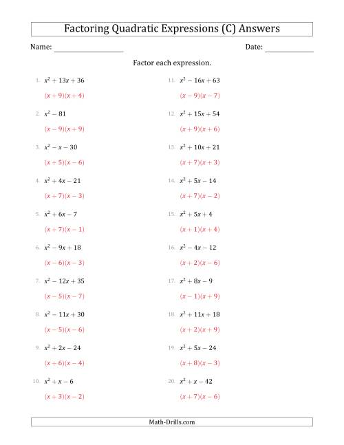 The Factoring Quadratic Expressions with Positive 'a' Coefficients of 1 (C) Math Worksheet Page 2