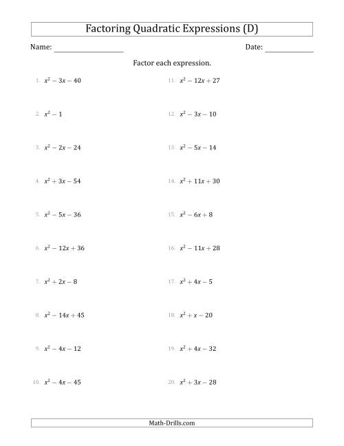 The Factoring Quadratic Expressions with Positive 'a' Coefficients of 1 (D) Math Worksheet