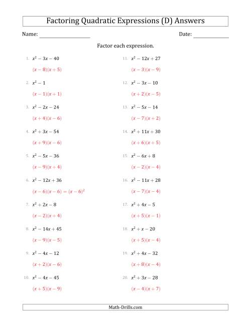 The Factoring Quadratic Expressions with Positive 'a' Coefficients of 1 (D) Math Worksheet Page 2