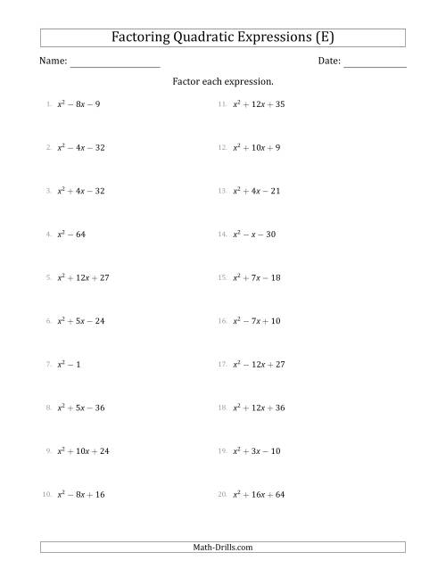 The Factoring Quadratic Expressions with Positive 'a' Coefficients of 1 (E) Math Worksheet