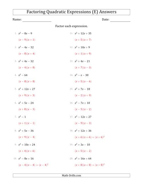 The Factoring Quadratic Expressions with Positive 'a' Coefficients of 1 (E) Math Worksheet Page 2