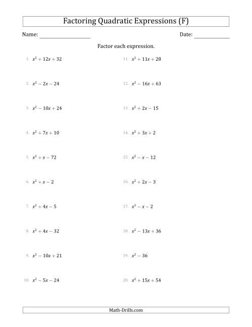The Factoring Quadratic Expressions with Positive 'a' Coefficients of 1 (F) Math Worksheet