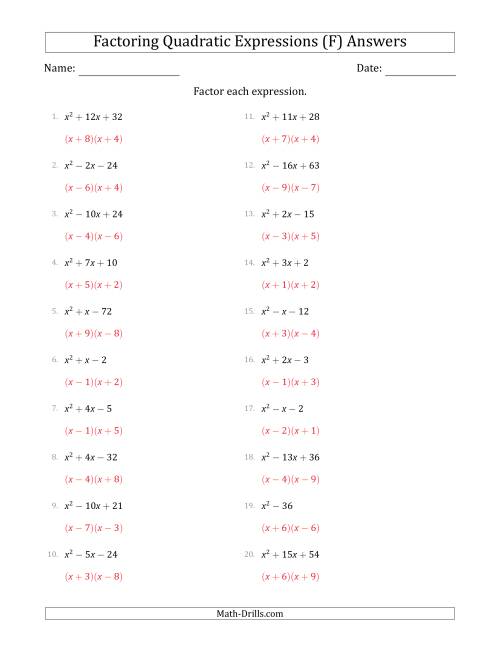 The Factoring Quadratic Expressions with Positive 'a' Coefficients of 1 (F) Math Worksheet Page 2