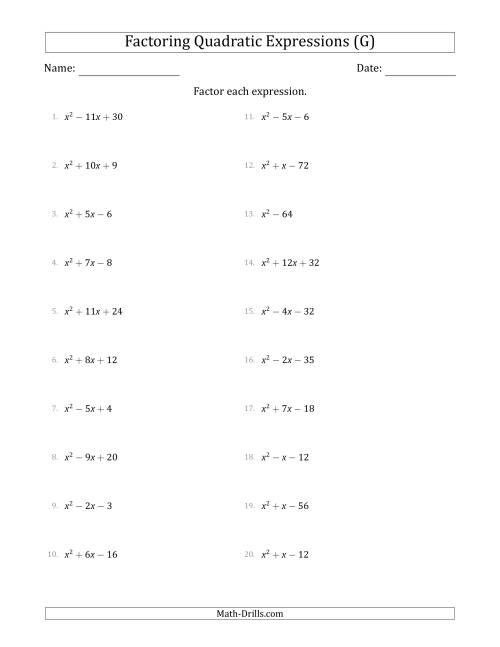 The Factoring Quadratic Expressions with Positive 'a' Coefficients of 1 (G) Math Worksheet