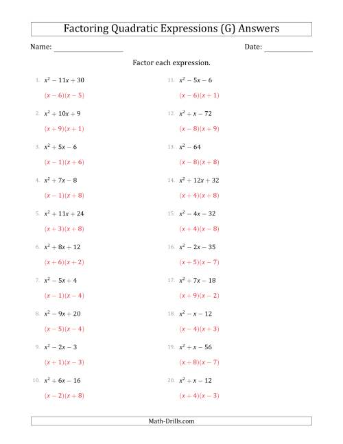 The Factoring Quadratic Expressions with Positive 'a' Coefficients of 1 (G) Math Worksheet Page 2