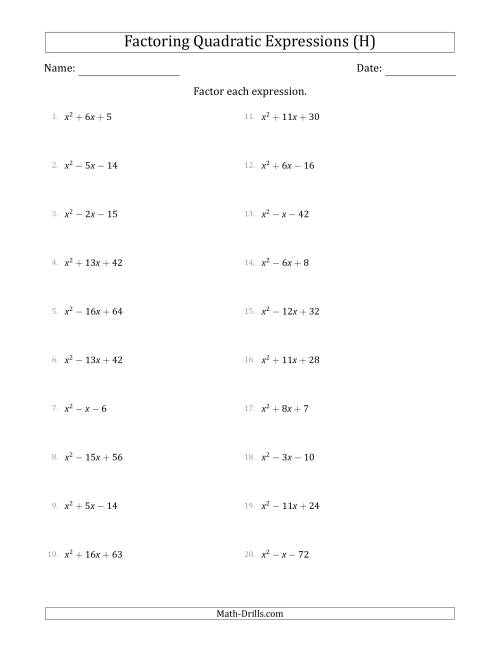 The Factoring Quadratic Expressions with Positive 'a' Coefficients of 1 (H) Math Worksheet