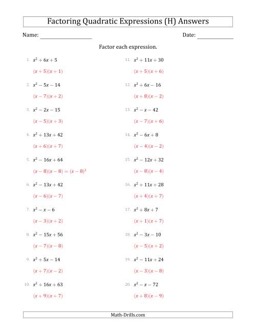 The Factoring Quadratic Expressions with Positive 'a' Coefficients of 1 (H) Math Worksheet Page 2