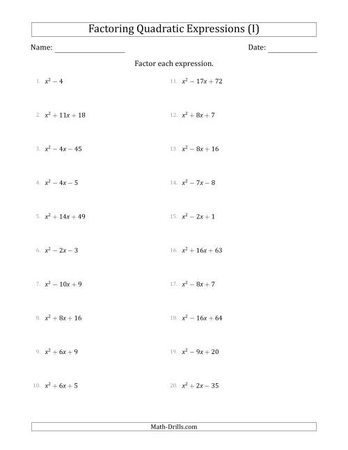 The Factoring Quadratic Expressions with Positive 'a' Coefficients of 1 (I) Math Worksheet