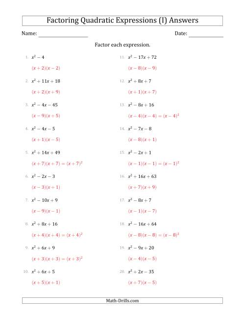 The Factoring Quadratic Expressions with Positive 'a' Coefficients of 1 (I) Math Worksheet Page 2