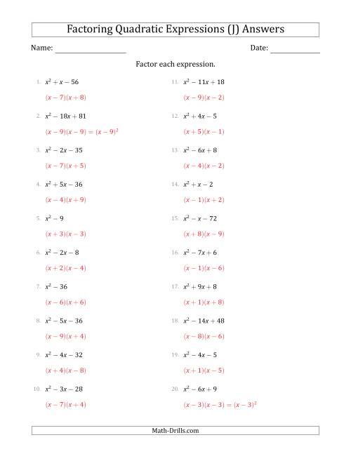 The Factoring Quadratic Expressions with Positive 'a' Coefficients of 1 (J) Math Worksheet Page 2