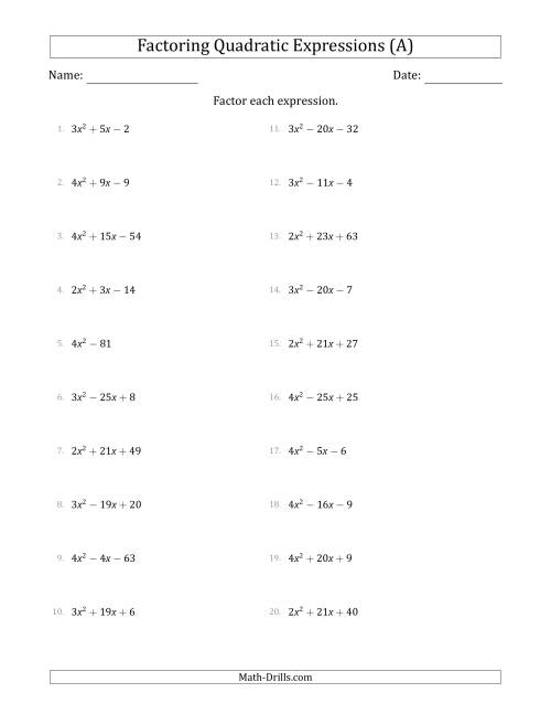 The Factoring Quadratic Expressions with Positive 'a' Coefficients up to 4 (A) Math Worksheet