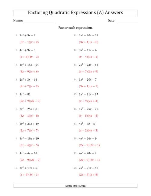 The Factoring Quadratic Expressions with Positive 'a' Coefficients up to 4 (A) Math Worksheet Page 2