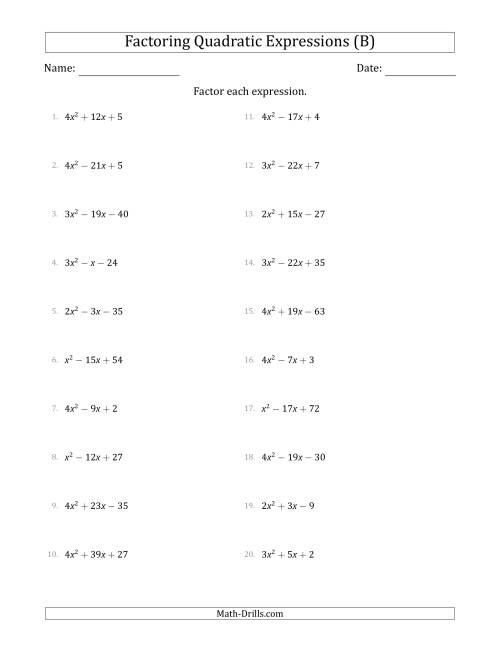 The Factoring Quadratic Expressions with Positive 'a' Coefficients up to 4 (B) Math Worksheet
