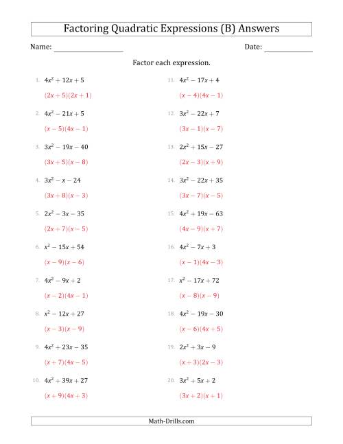 The Factoring Quadratic Expressions with Positive 'a' Coefficients up to 4 (B) Math Worksheet Page 2