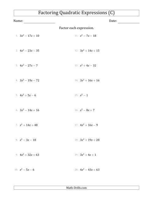 The Factoring Quadratic Expressions with Positive 'a' Coefficients up to 4 (C) Math Worksheet
