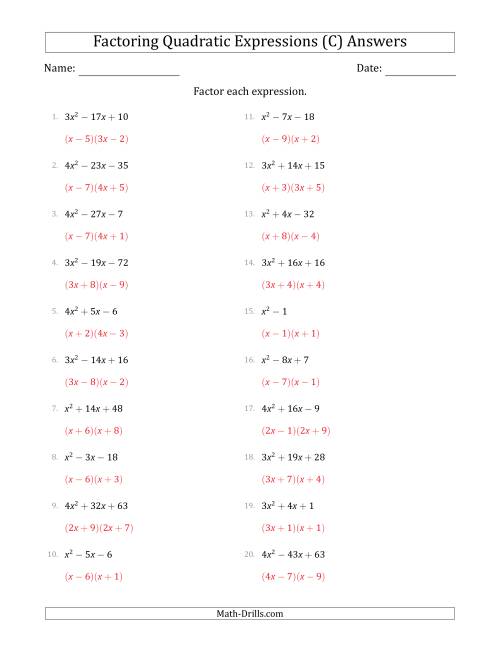 The Factoring Quadratic Expressions with Positive 'a' Coefficients up to 4 (C) Math Worksheet Page 2