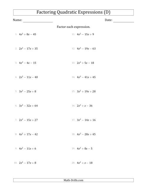 The Factoring Quadratic Expressions with Positive 'a' Coefficients up to 4 (D) Math Worksheet