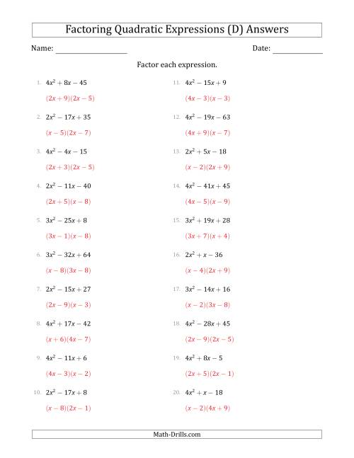 The Factoring Quadratic Expressions with Positive 'a' Coefficients up to 4 (D) Math Worksheet Page 2