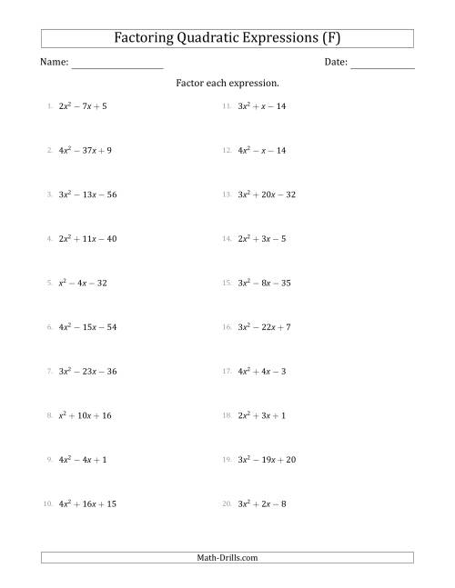 The Factoring Quadratic Expressions with Positive 'a' Coefficients up to 4 (F) Math Worksheet