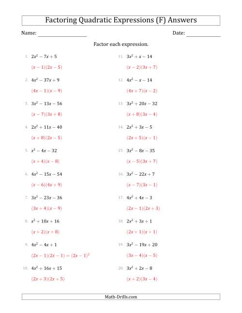 The Factoring Quadratic Expressions with Positive 'a' Coefficients up to 4 (F) Math Worksheet Page 2