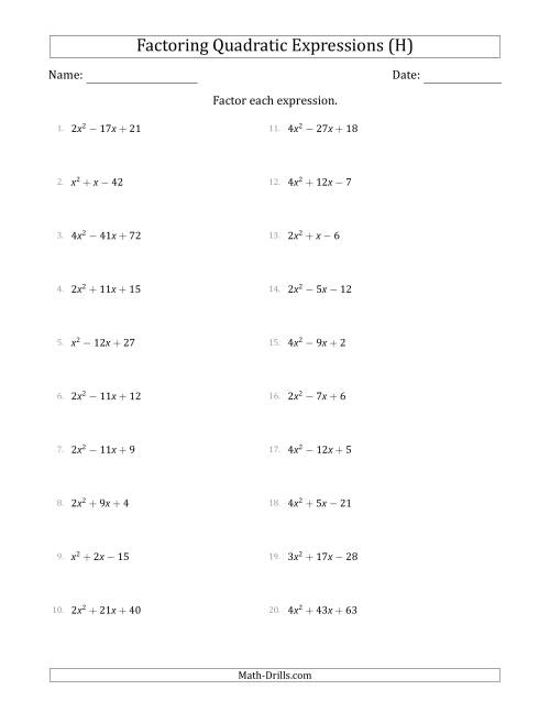 The Factoring Quadratic Expressions with Positive 'a' Coefficients up to 4 (H) Math Worksheet