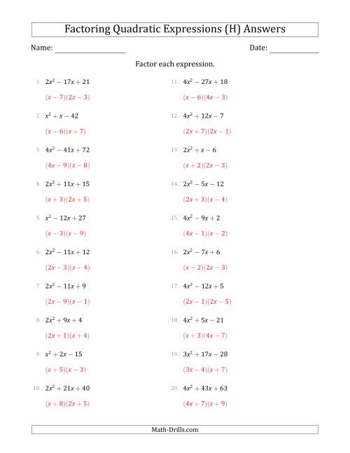 The Factoring Quadratic Expressions with Positive 'a' Coefficients up to 4 (H) Math Worksheet Page 2