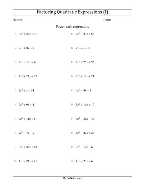 The Factoring Quadratic Expressions with Positive 'a' Coefficients up to 4 (I) Math Worksheet