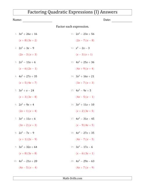 The Factoring Quadratic Expressions with Positive 'a' Coefficients up to 4 (I) Math Worksheet Page 2