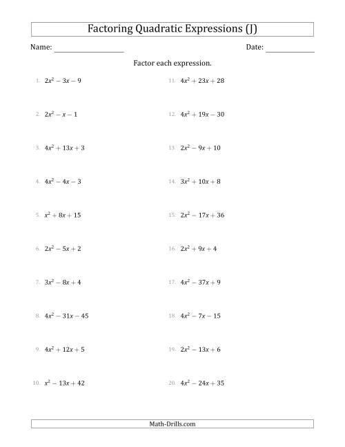 The Factoring Quadratic Expressions with Positive 'a' Coefficients up to 4 (J) Math Worksheet