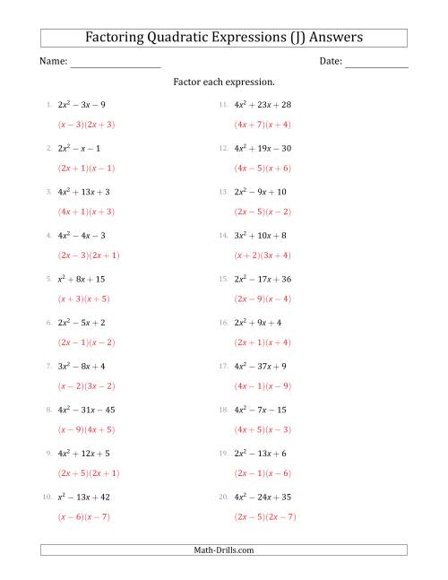 The Factoring Quadratic Expressions with Positive 'a' Coefficients up to 4 (J) Math Worksheet Page 2
