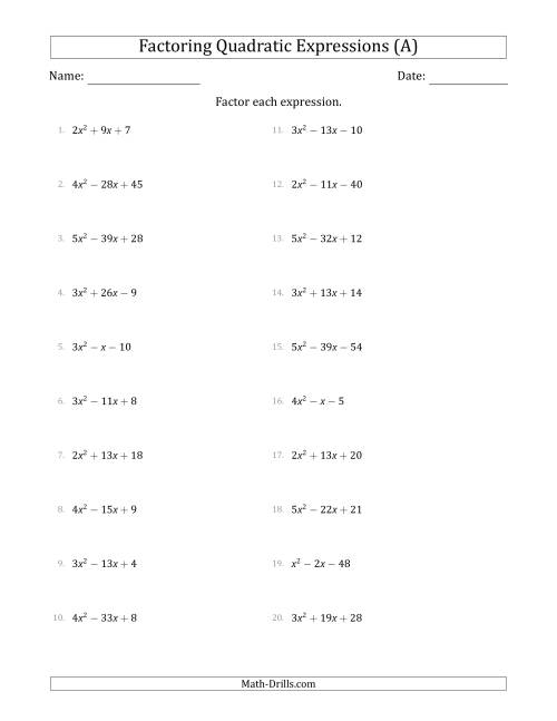 The Factoring Quadratic Expressions with Positive 'a' Coefficients up to 5 (A) Math Worksheet