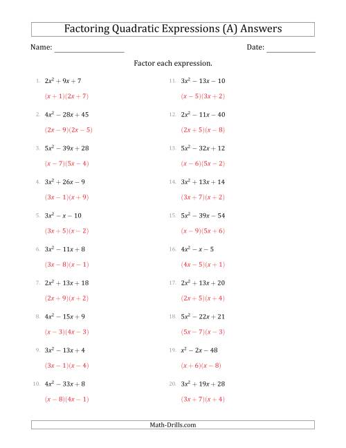 The Factoring Quadratic Expressions with Positive 'a' Coefficients up to 5 (A) Math Worksheet Page 2