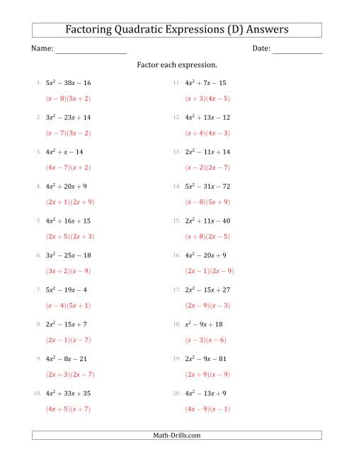 The Factoring Quadratic Expressions with Positive 'a' Coefficients up to 5 (D) Math Worksheet Page 2