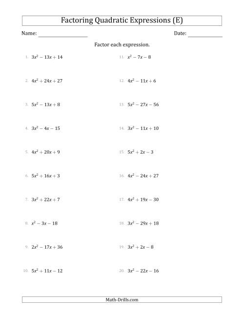 The Factoring Quadratic Expressions with Positive 'a' Coefficients up to 5 (E) Math Worksheet